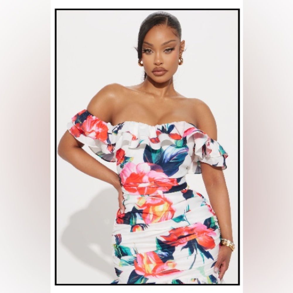 Fashion Nova White and Multicolor Ruffle Maxi Dress